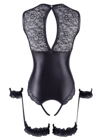 Body en dentelle et simili cuir ouvert avec menottes -  OR2642239BLK